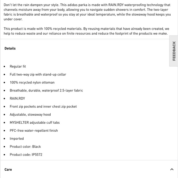 NWT ADIDAS Myshelter Rain.Rdy Parka Jacket RAIN COAT WIND ATHLETIC M New Vegan - Picture 14 of 15